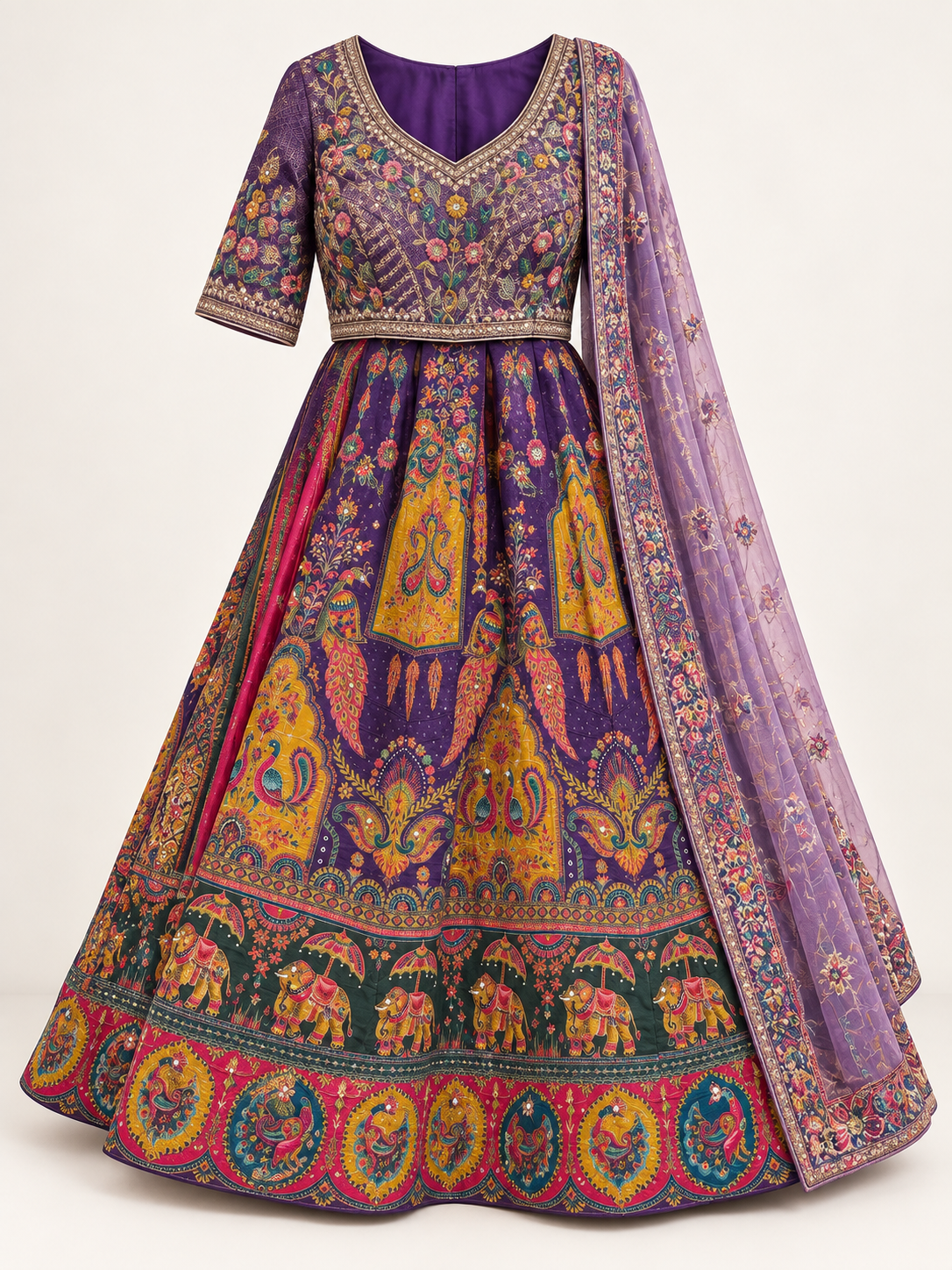 Light Purple With Pastel Floral Work on Skirt and Tassle Dupatta