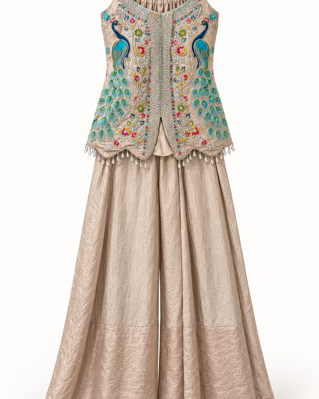 Peacock Cream Brown Embelished Palazzo Set