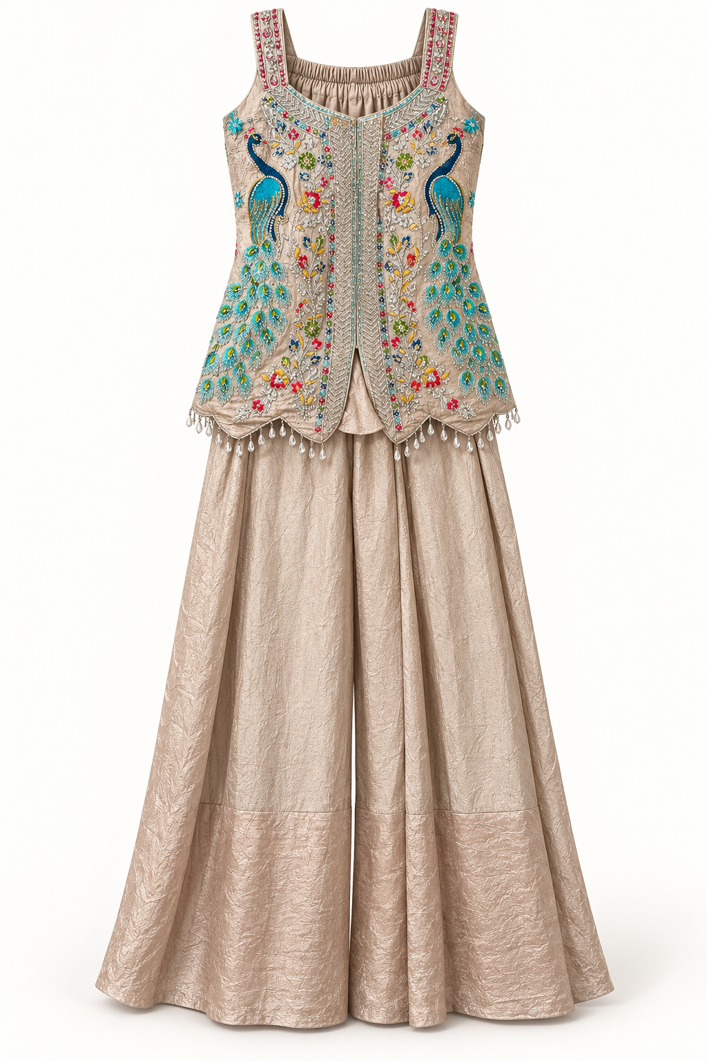 Peacock Cream Brown Embelished Palazzo Set