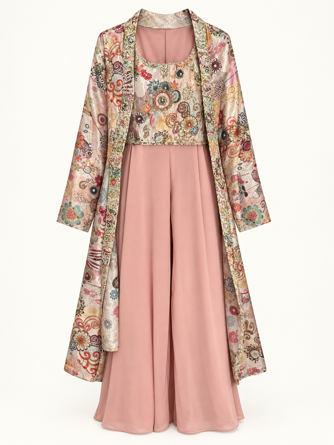 Pink floral embroidered cape palazzo
