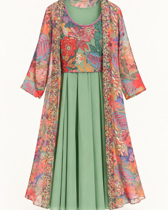 Crop top green floral palazzo pant embroidered cape