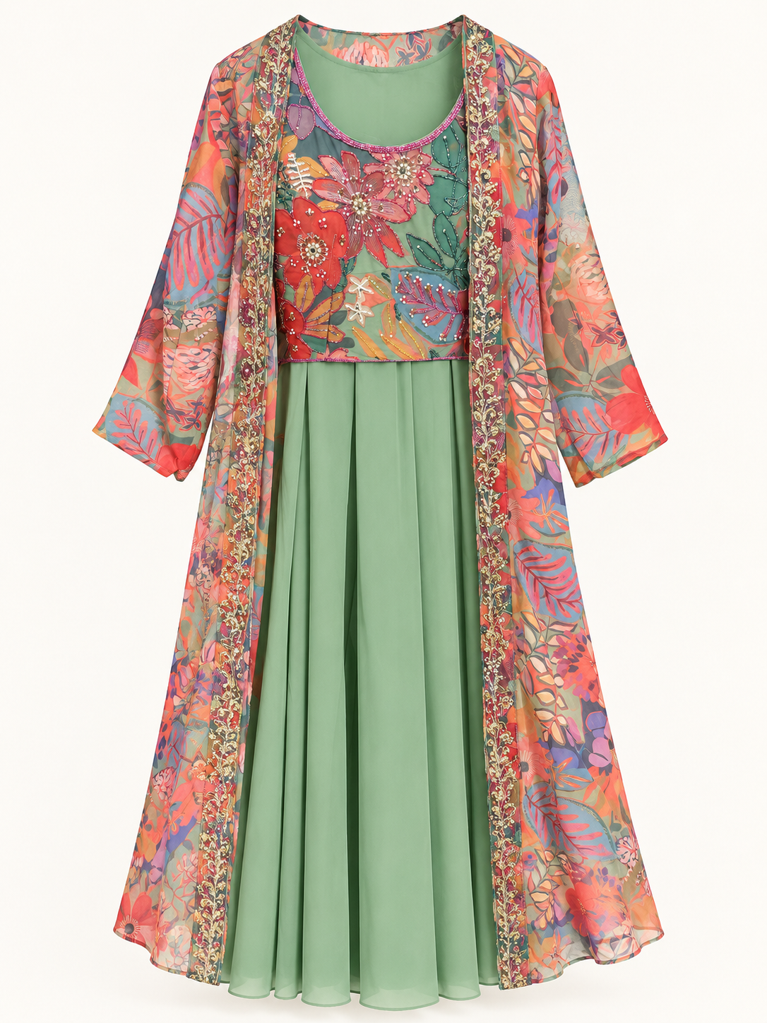 Crop top green floral palazzo pant embroidered cape