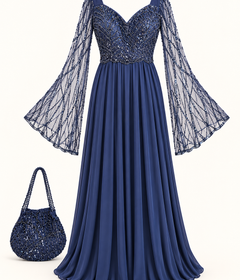 Navy Blue Long Sleeve with Cut and Silk Gown With Purse