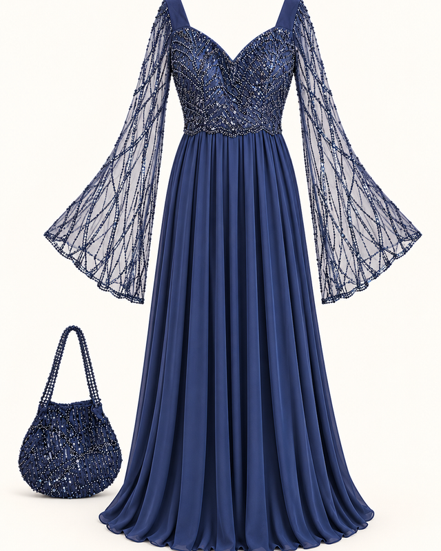 Navy Blue Long Sleeve with Cut and Silk Gown With Purse