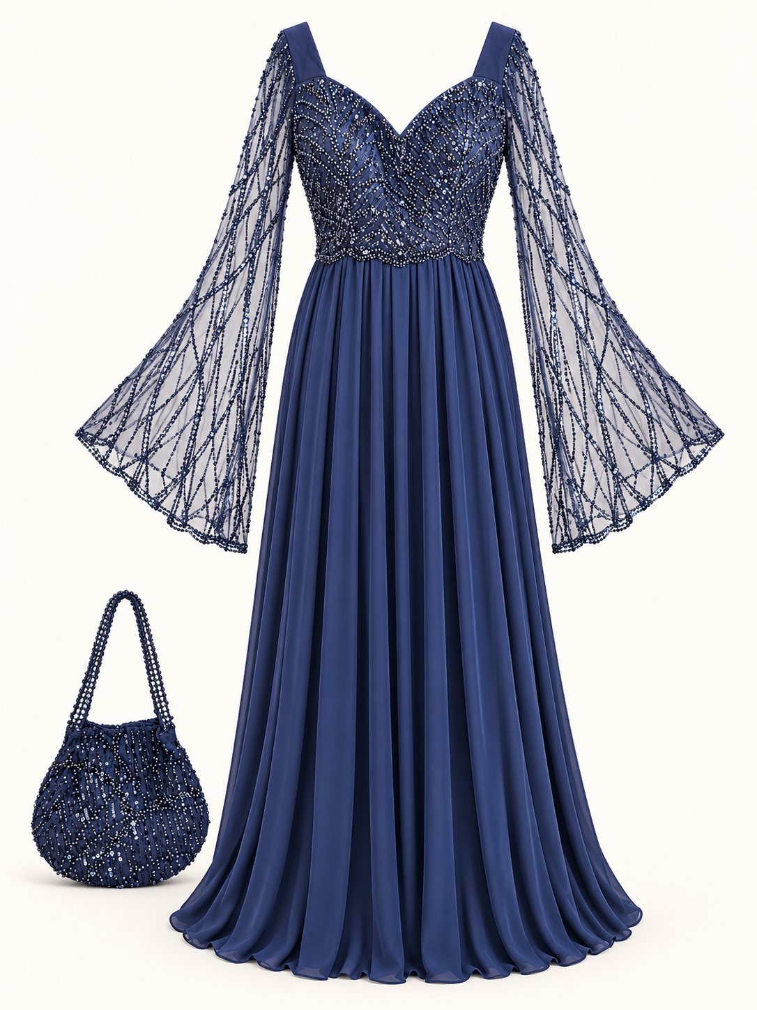 Navy Blue Long Sleeve with Cut and Silk Gown With Purse