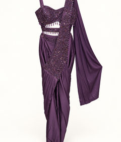 Purple Silky Pre-Stiched  Saree with Crop Top Cut and Hanging Beads Pre-Stiched  Saree