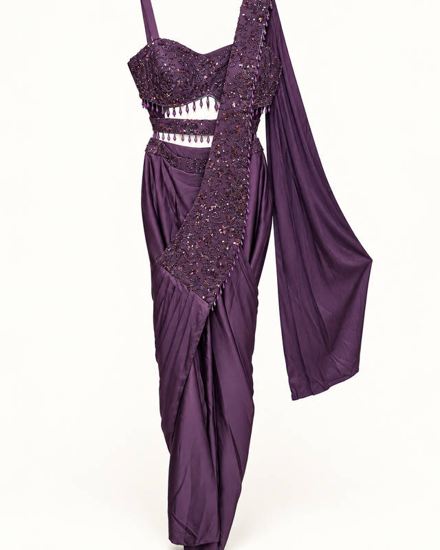 Purple Silky Pre-Stiched  Saree with Crop Top Cut and Hanging Beads Pre-Stiched  Saree