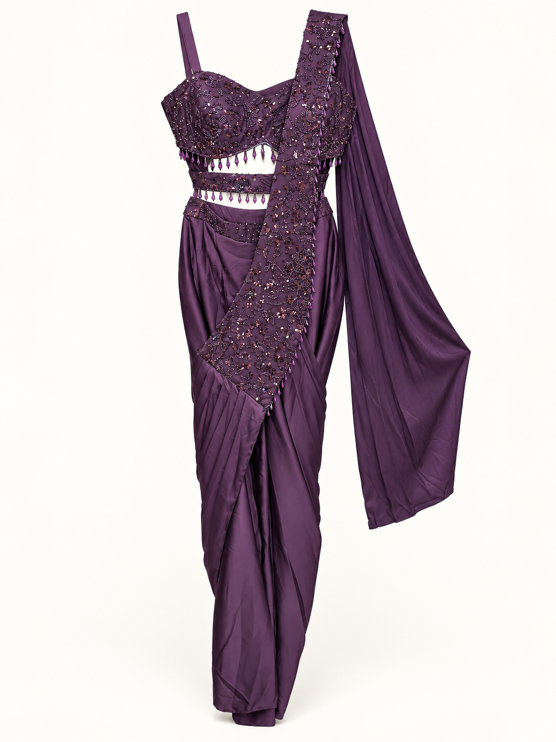 Purple Silky Pre-Stiched  Saree with Crop Top Cut and Hanging Beads Pre-Stiched  Saree