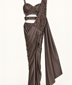 Dark Brown Silky Pre-Stiched  Saree with Crop Top Cut and Hanging Beads Pre-Stiched  Saree