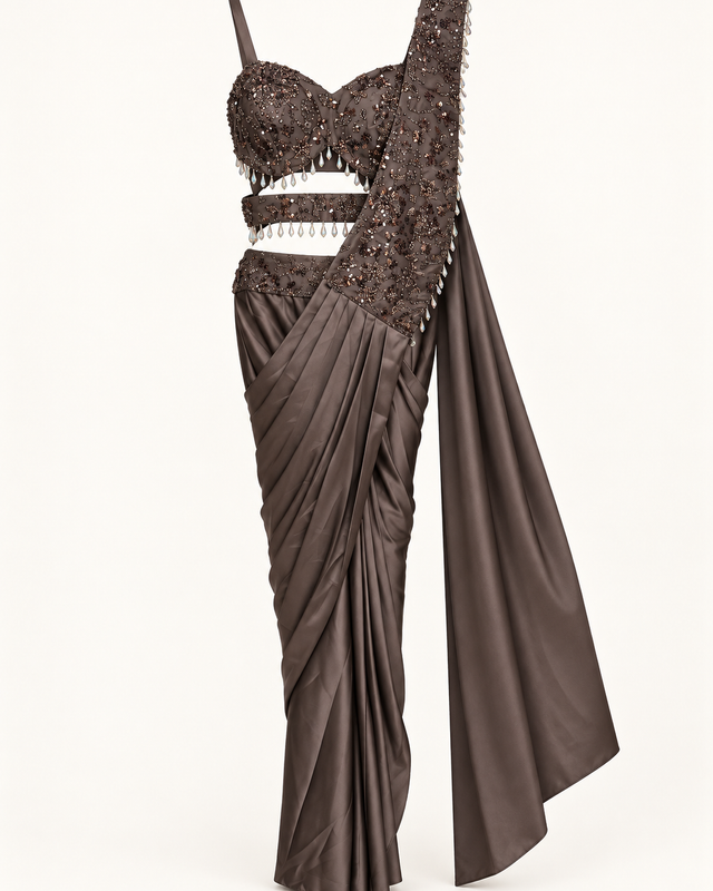 Dark Brown Silky Pre-Stiched  Saree with Crop Top Cut and Hanging Beads Pre-Stiched  Saree