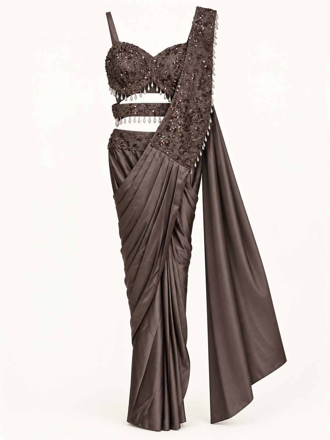 Dark Brown Silky Pre-Stiched  Saree with Crop Top Cut and Hanging Beads Pre-Stiched  Saree