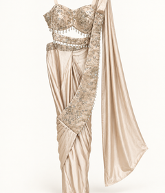 Golden Silky Pre-Stiched  Saree with Crop Top Cut and Hanging Beads Pre-Stiched  Saree