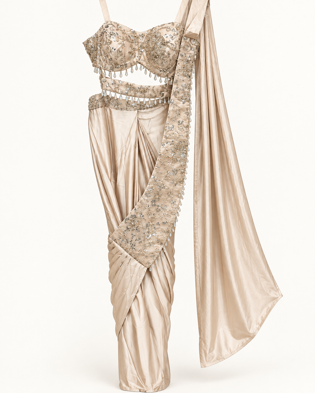 Golden Silky Pre-Stiched  Saree with Crop Top Cut and Hanging Beads Pre-Stiched  Saree