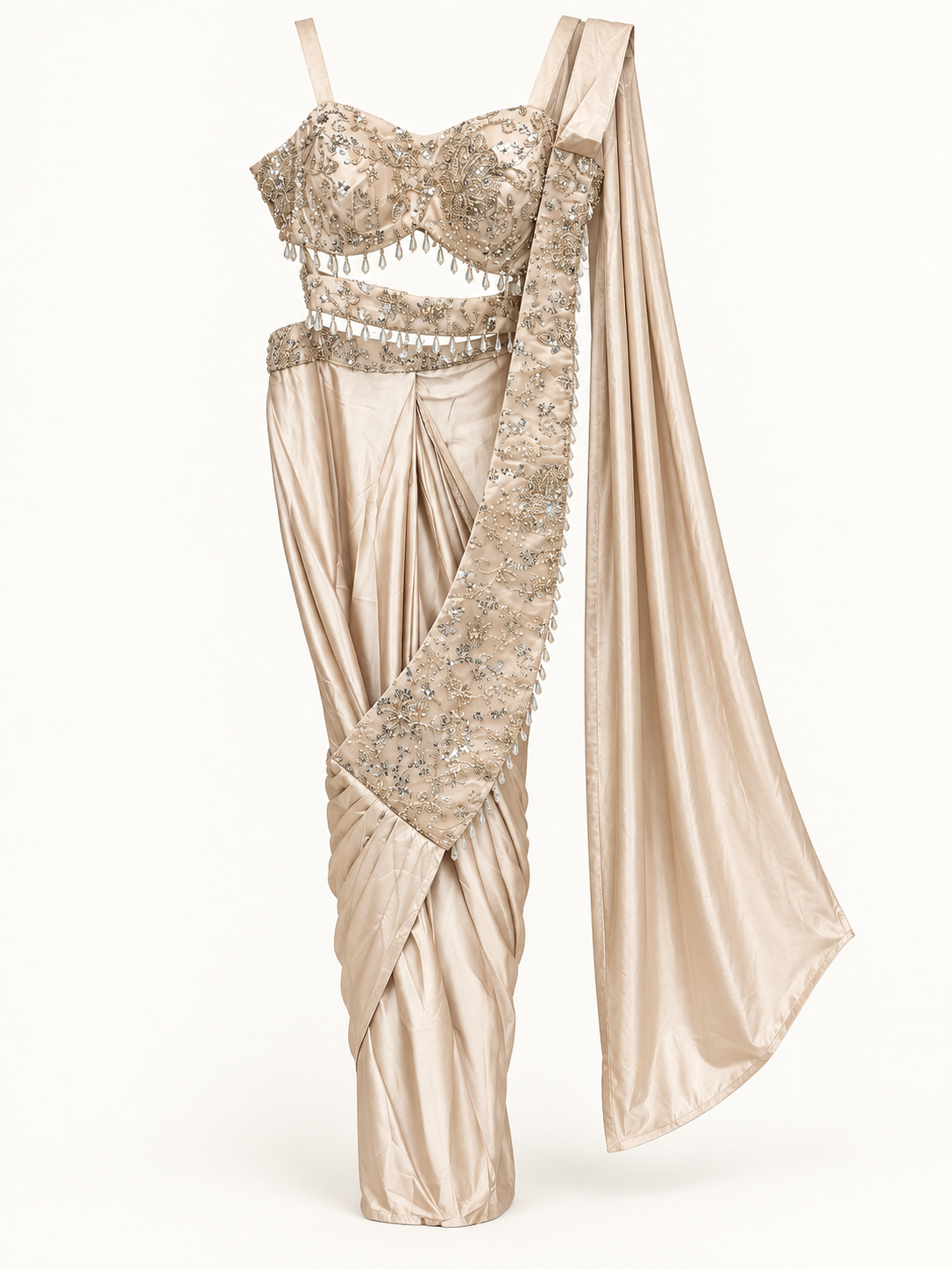 Golden Silky Pre-Stiched  Saree with Crop Top Cut and Hanging Beads Pre-Stiched  Saree