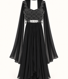Midnight Black Crystal Embellished Palazzo Crop Top & Dupatta Set
