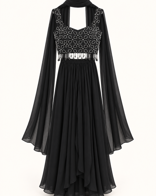 Midnight Black Crystal Embellished Palazzo Crop Top & Dupatta Set