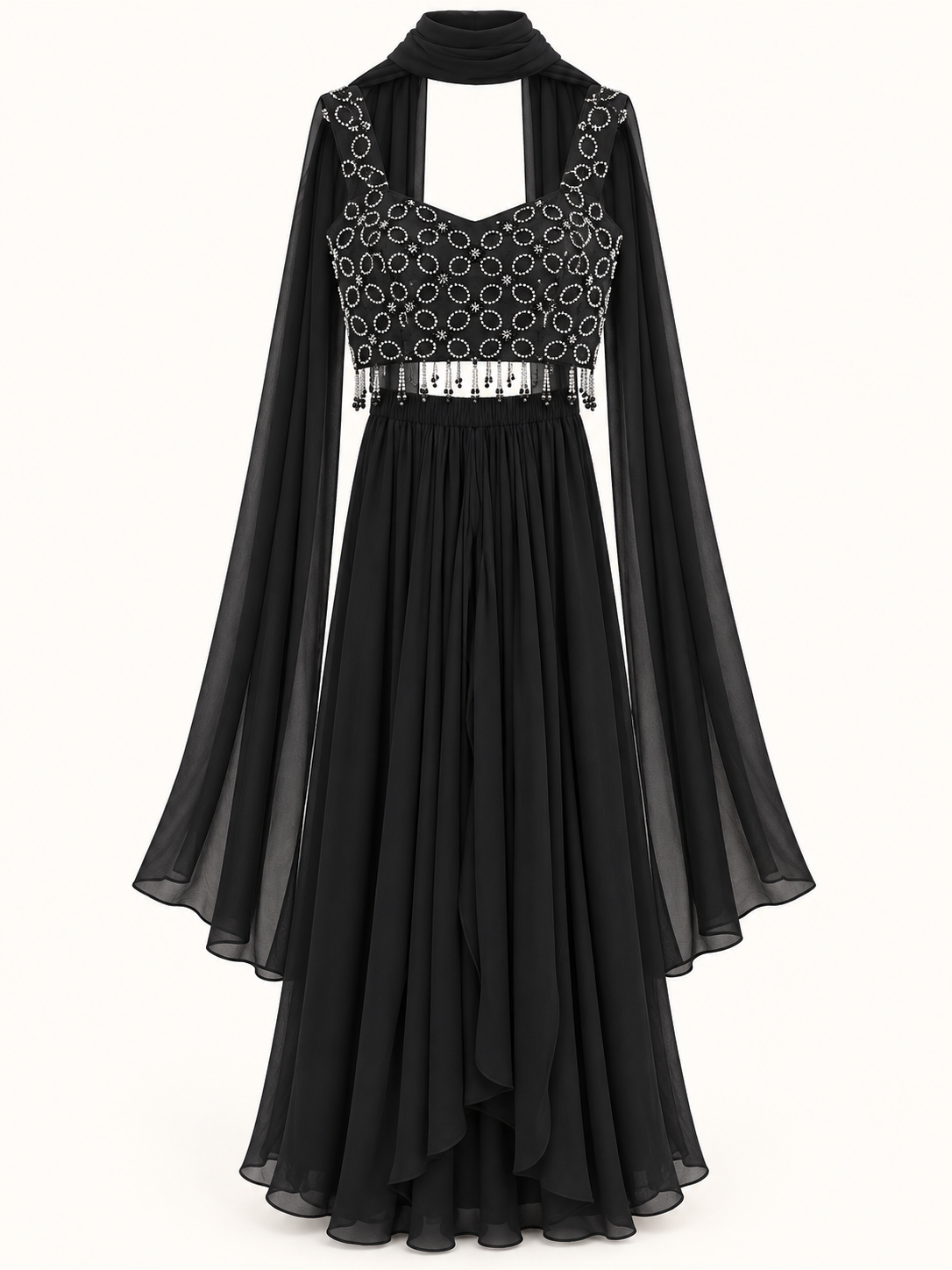 Midnight Black Crystal Embellished Palazzo Crop Top & Dupatta Set
