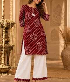 Leheriya Striped Bloom Kurta Palazzo Set in Red