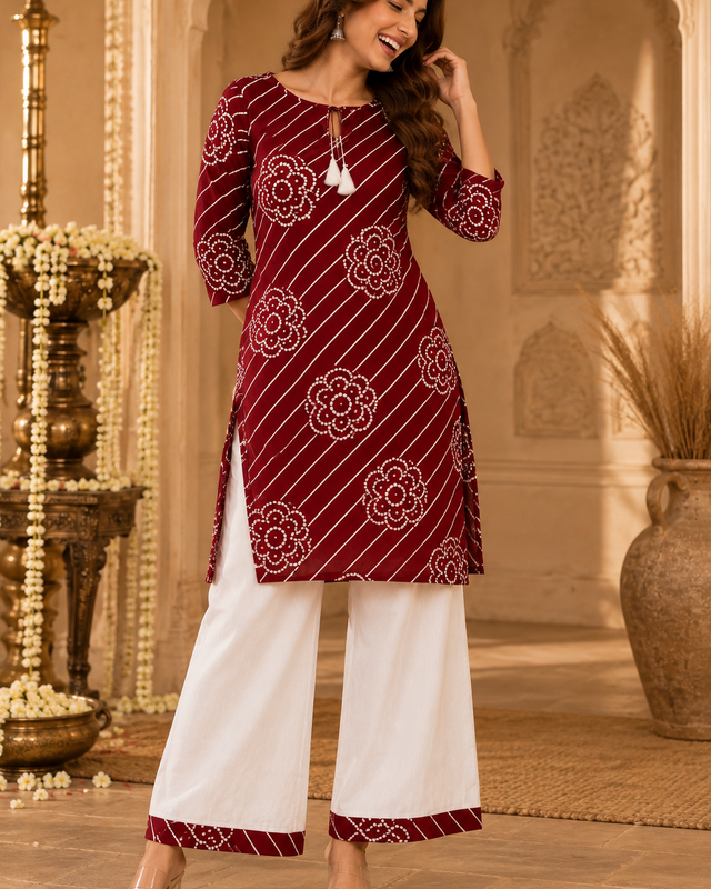 Leheriya Striped Bloom Kurta Palazzo Set in Red