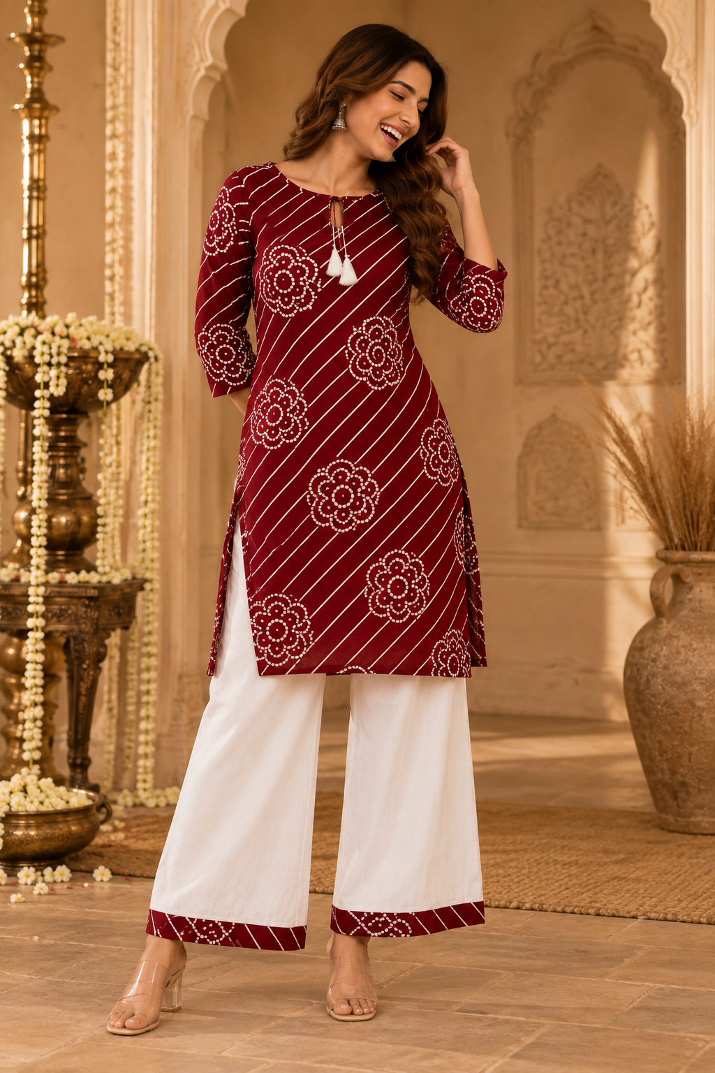 Leheriya Striped Bloom Kurta Palazzo Set in Red