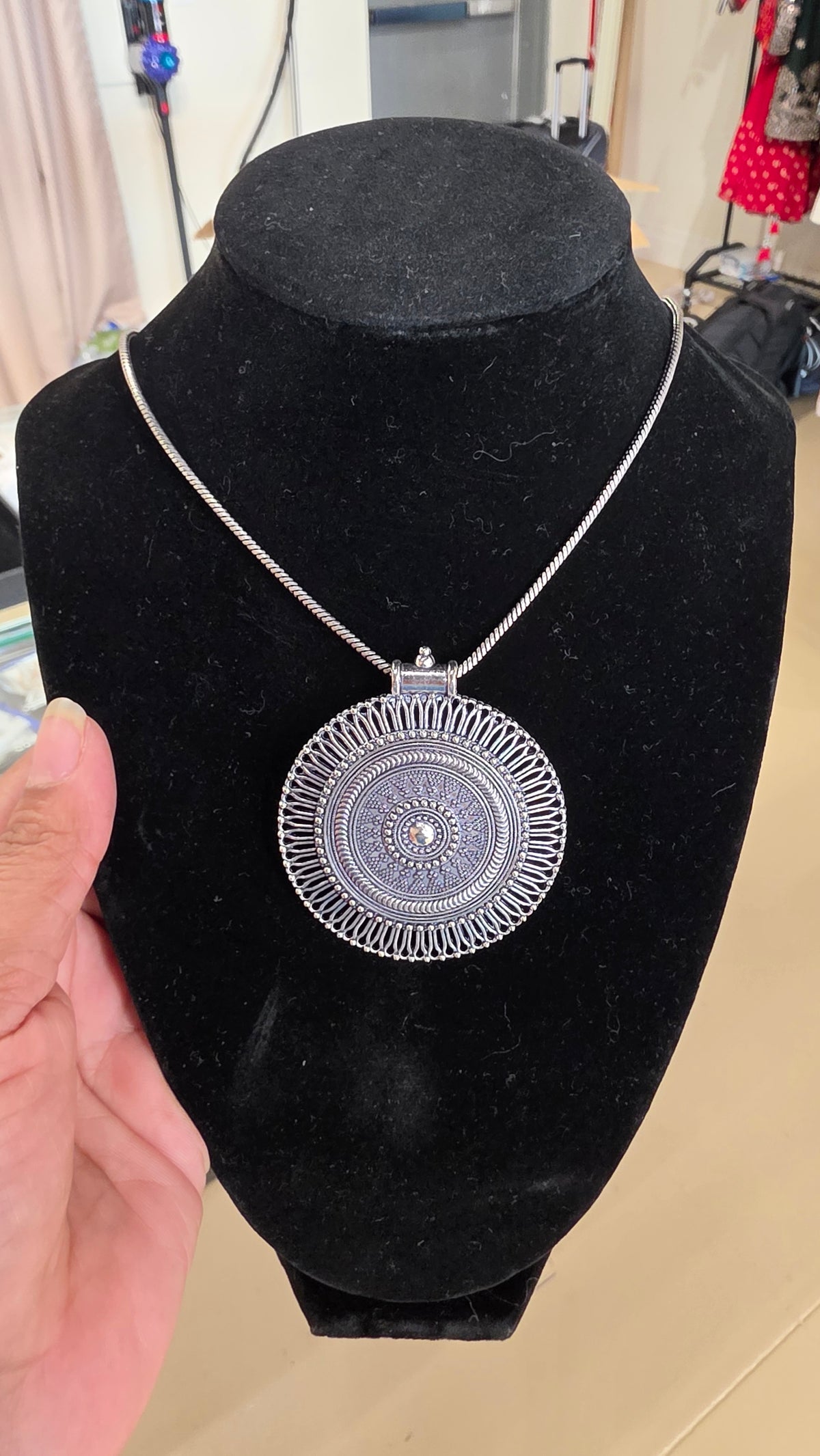Simple mandala necklace in oxodised
