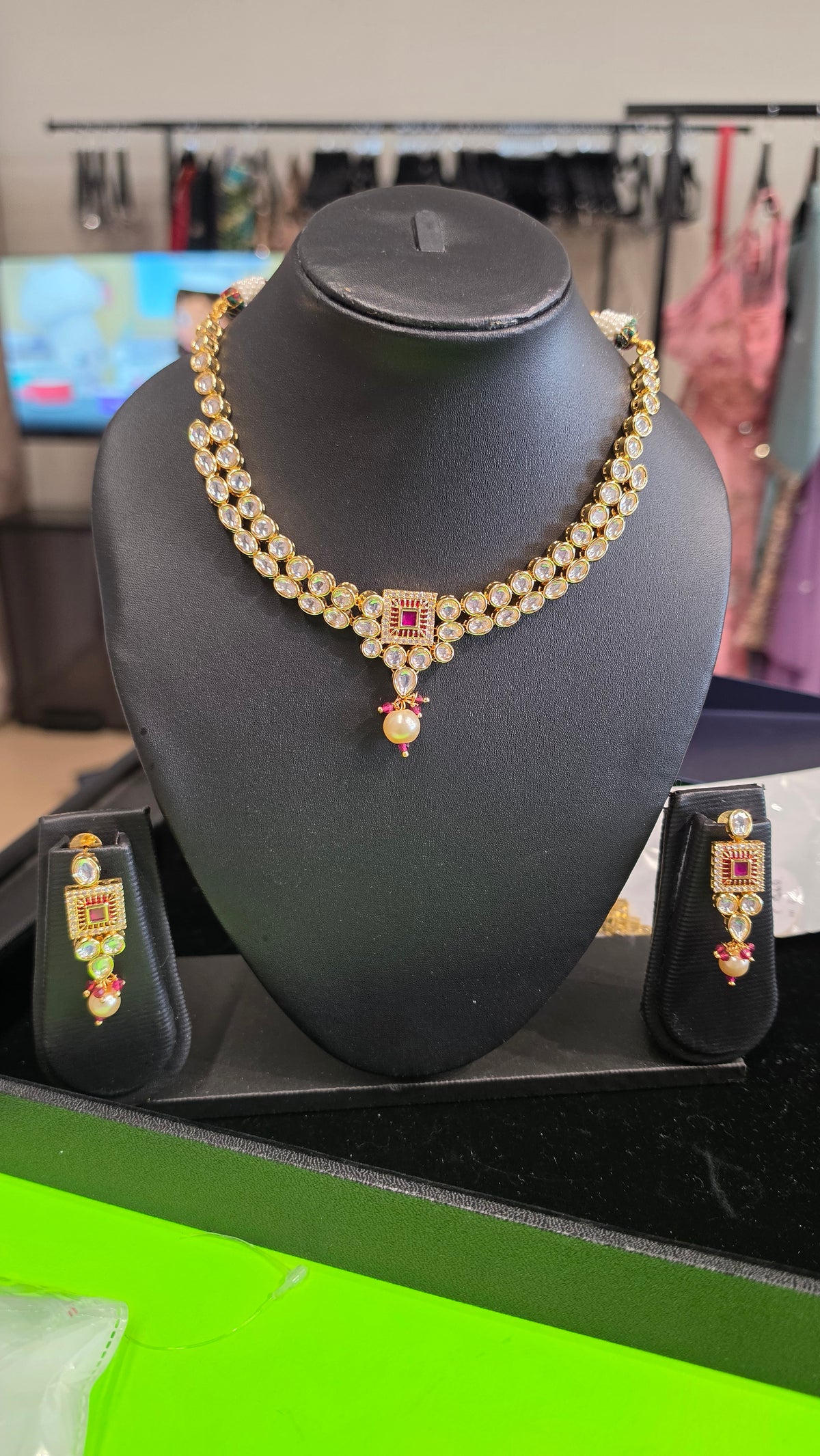 Emerald Accent Kundan double strand necklace Red in color