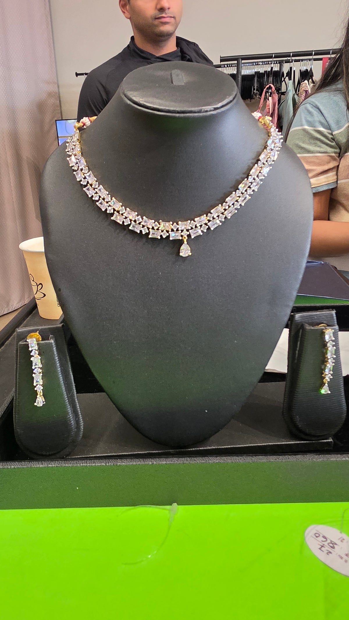 Studed diamond necklace with long Earrings