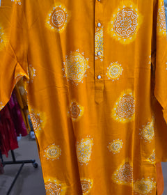 Men's  Yellow bandhani kurta in Mulmul cotton with pajama