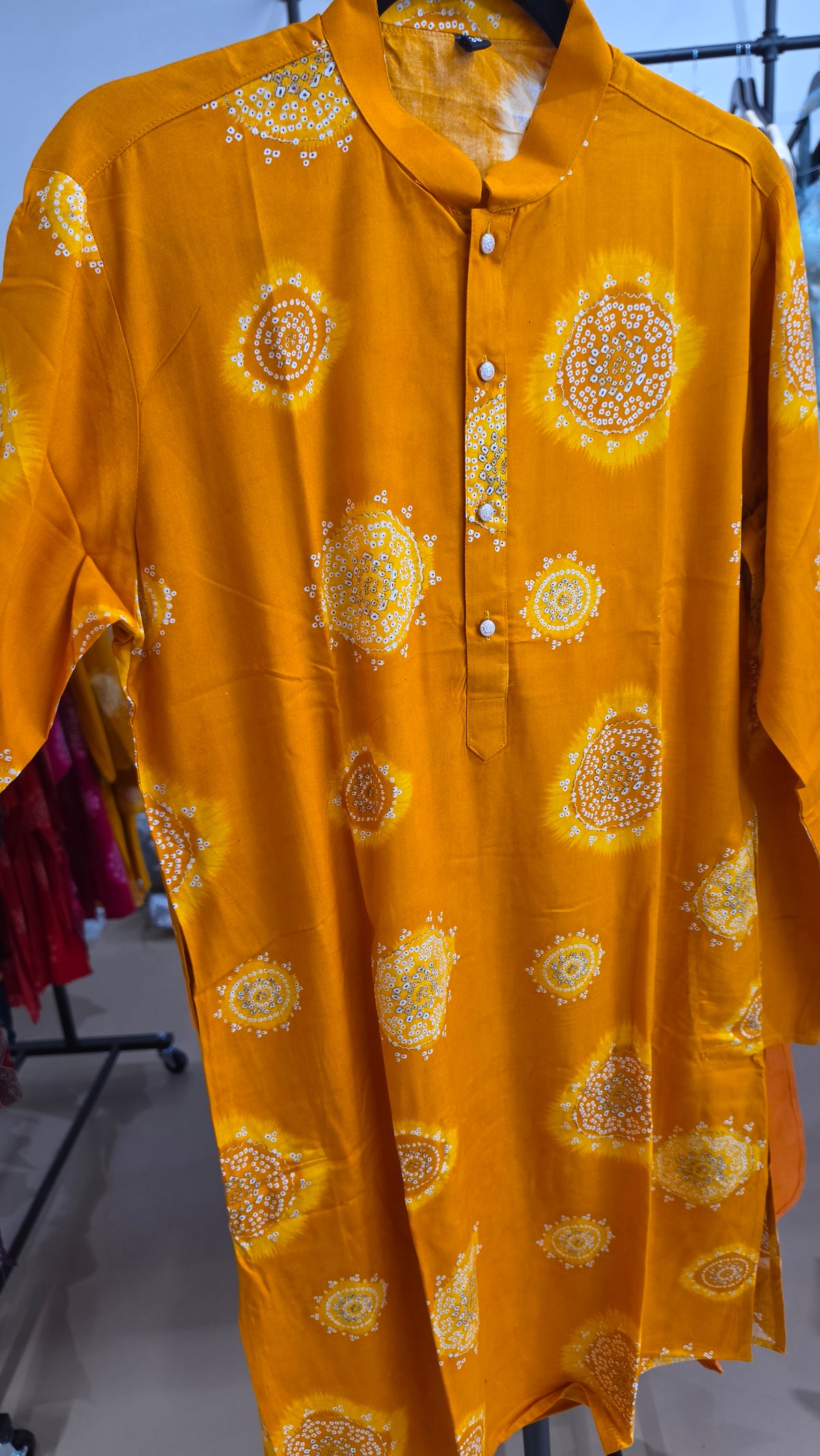 Men's  Yellow bandhani kurta in Mulmul cotton with pajama