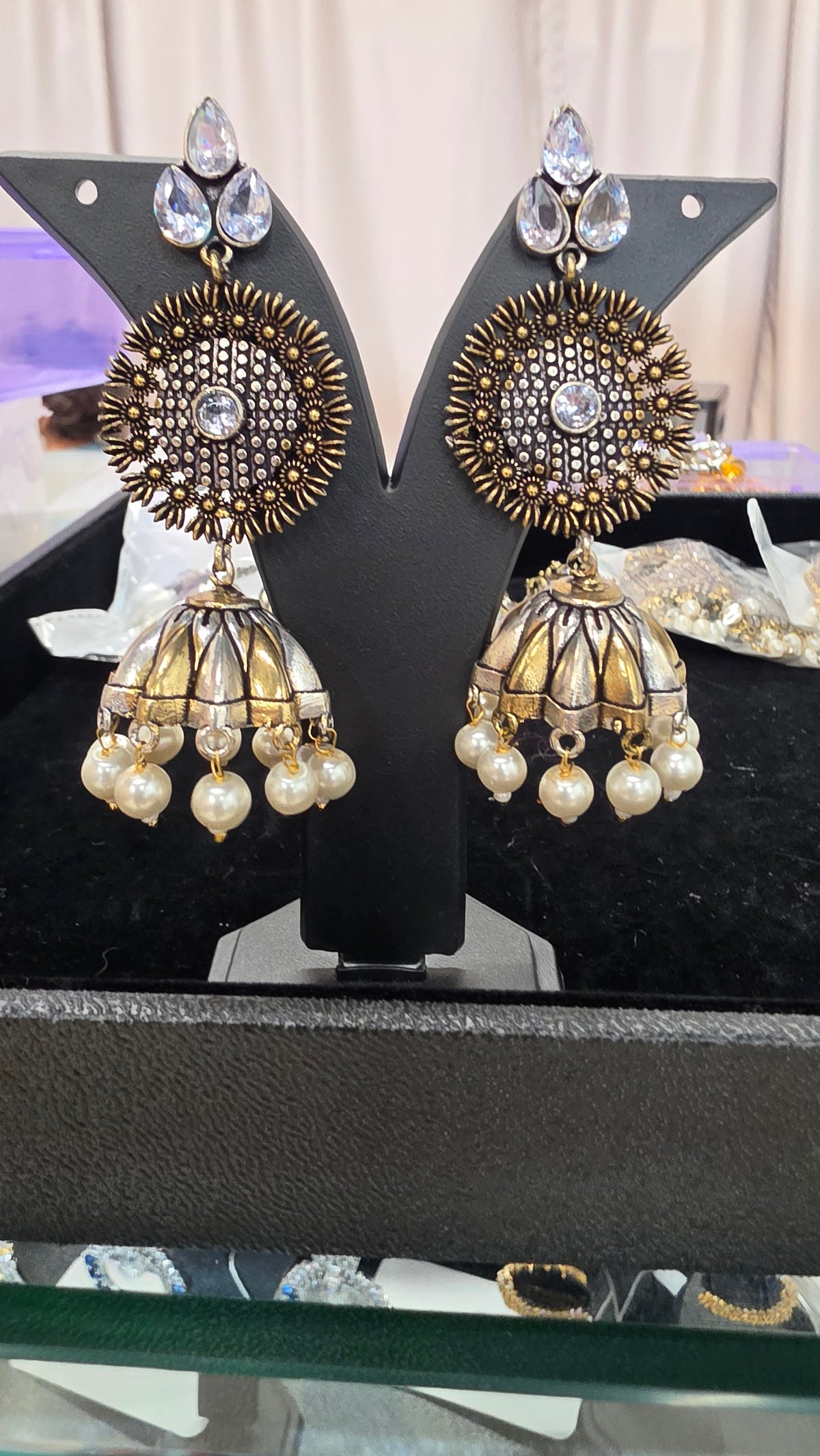 Silver and gold touch oxodised earring with pearl