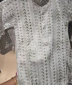 Kids Bous ivory kurta with mint green thread work