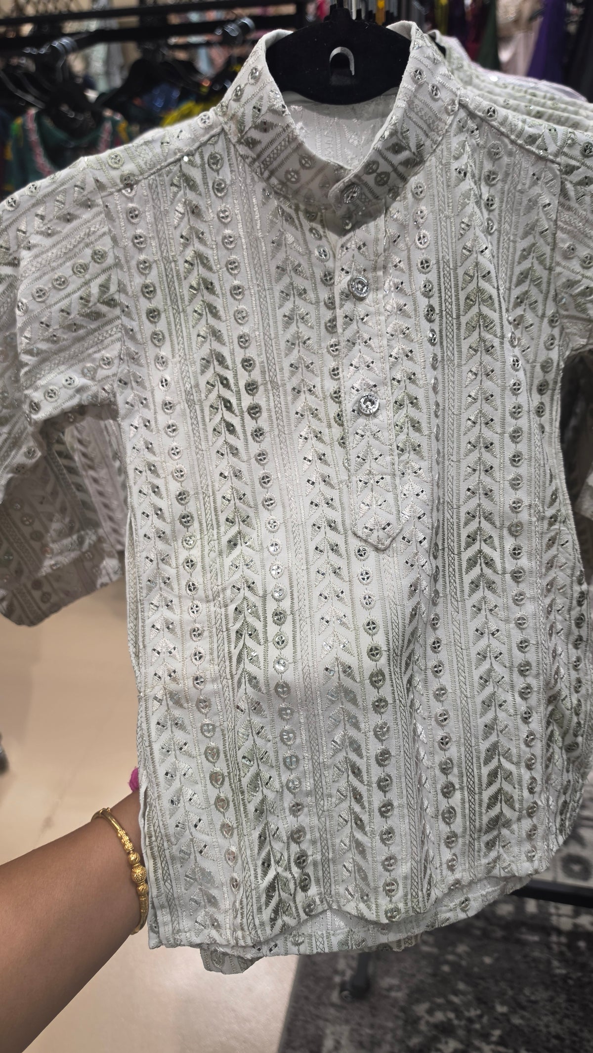 Kids Bous ivory kurta with mint green thread work