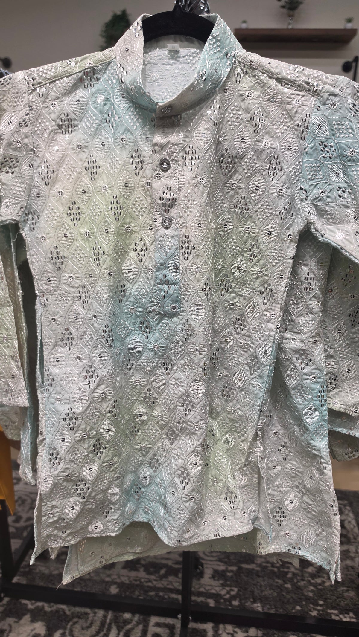 Kids boys kurta white in grenish shade/ thread work