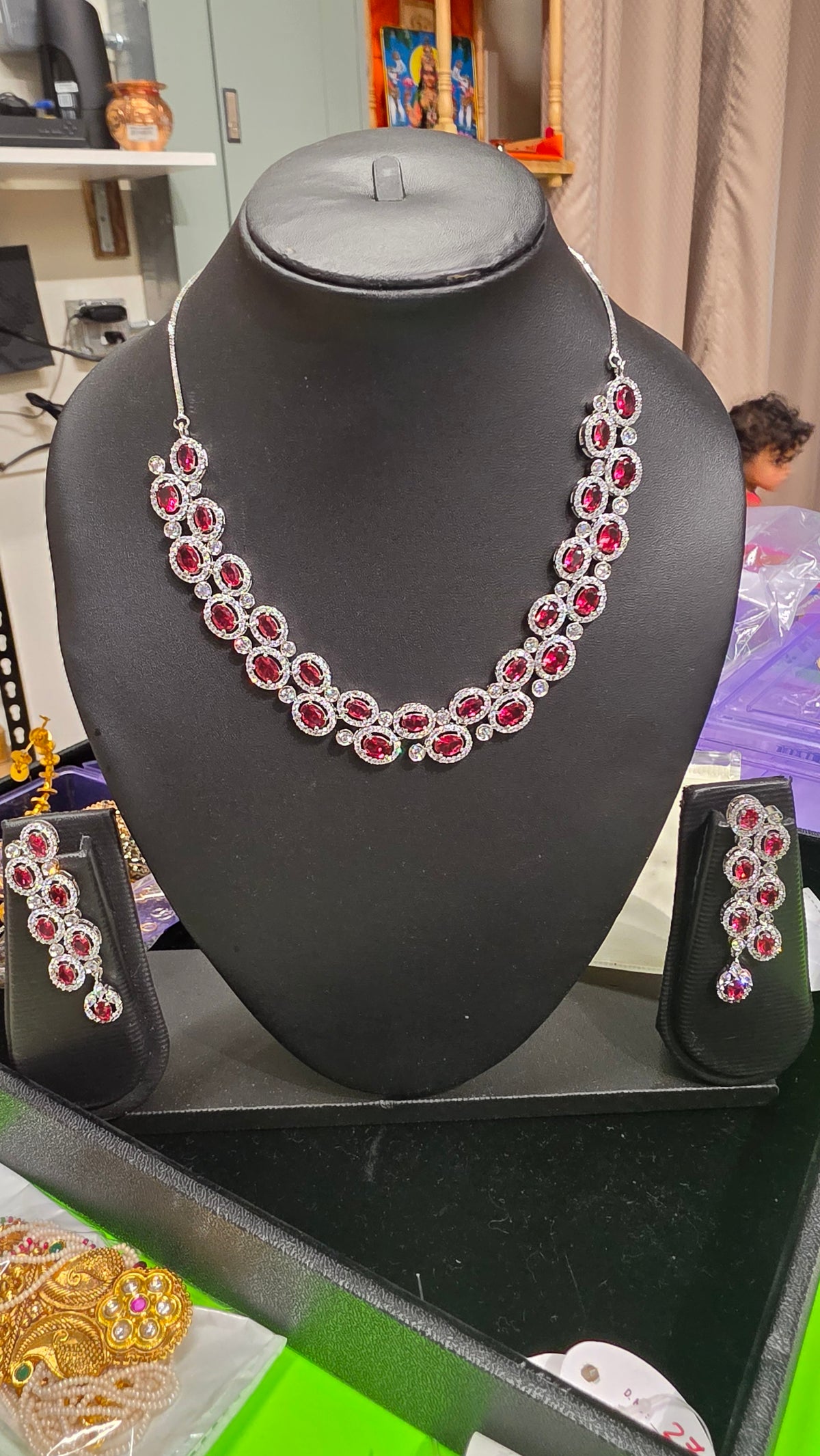 Pink sapphire diamond set in oval shaped with long Earring
