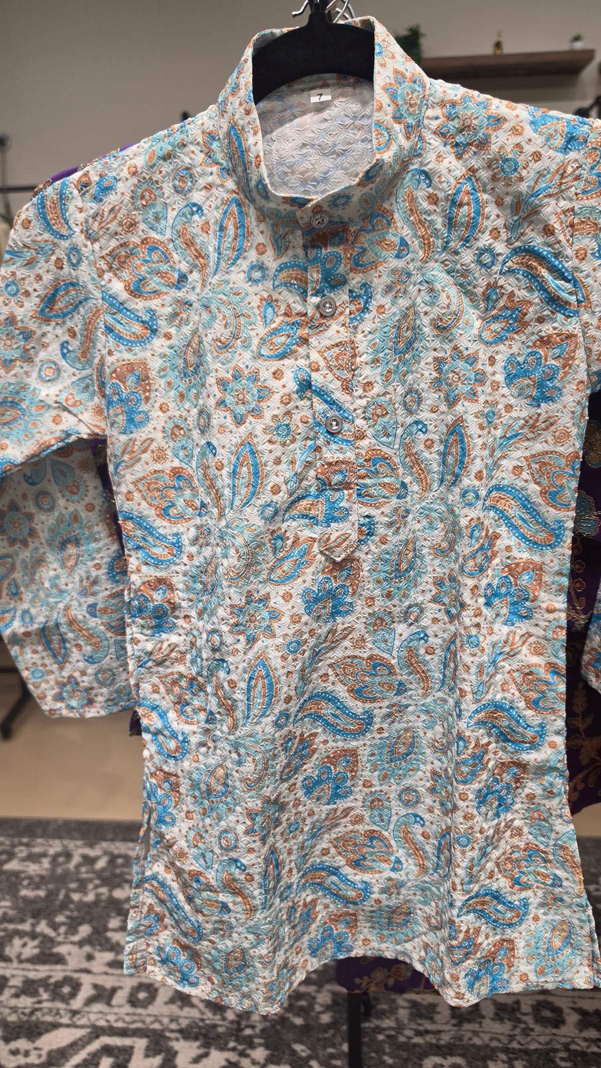 Kids boys kurta in blue and light blue print in thread work