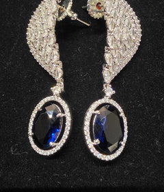 Silver toned diamond Earring with blue oval