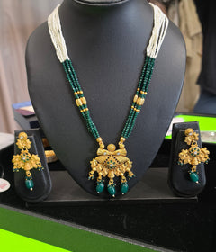 Antique long pearl necklace in white moti and green beads