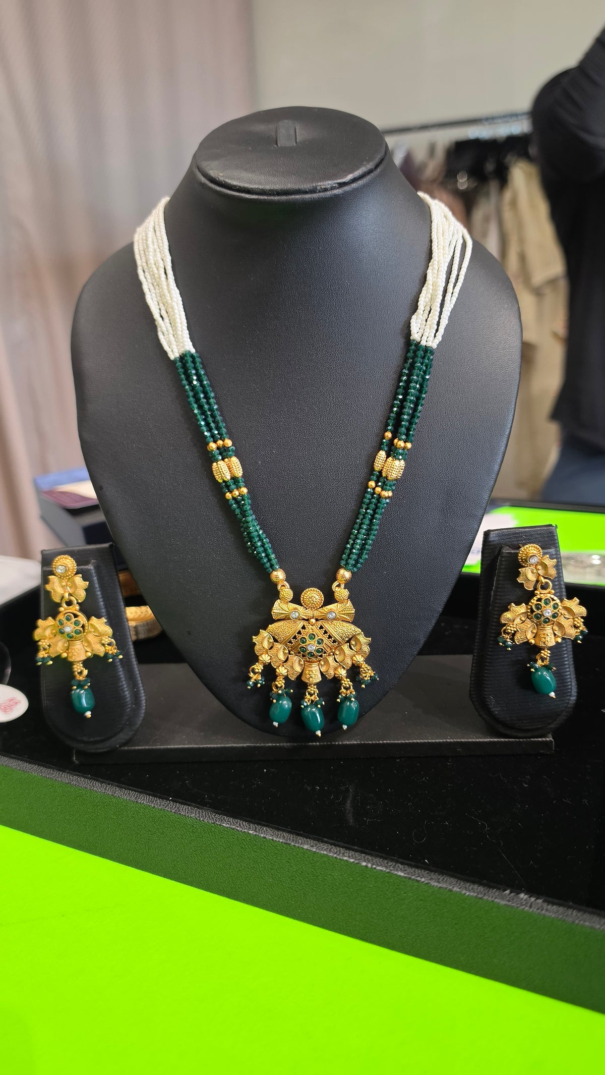 Antique long pearl necklace in white moti and green beads