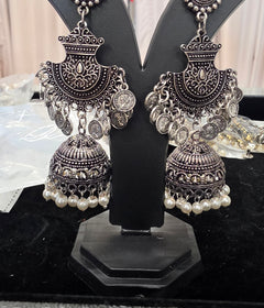 Oxodised long Earring with jumka with white pearl