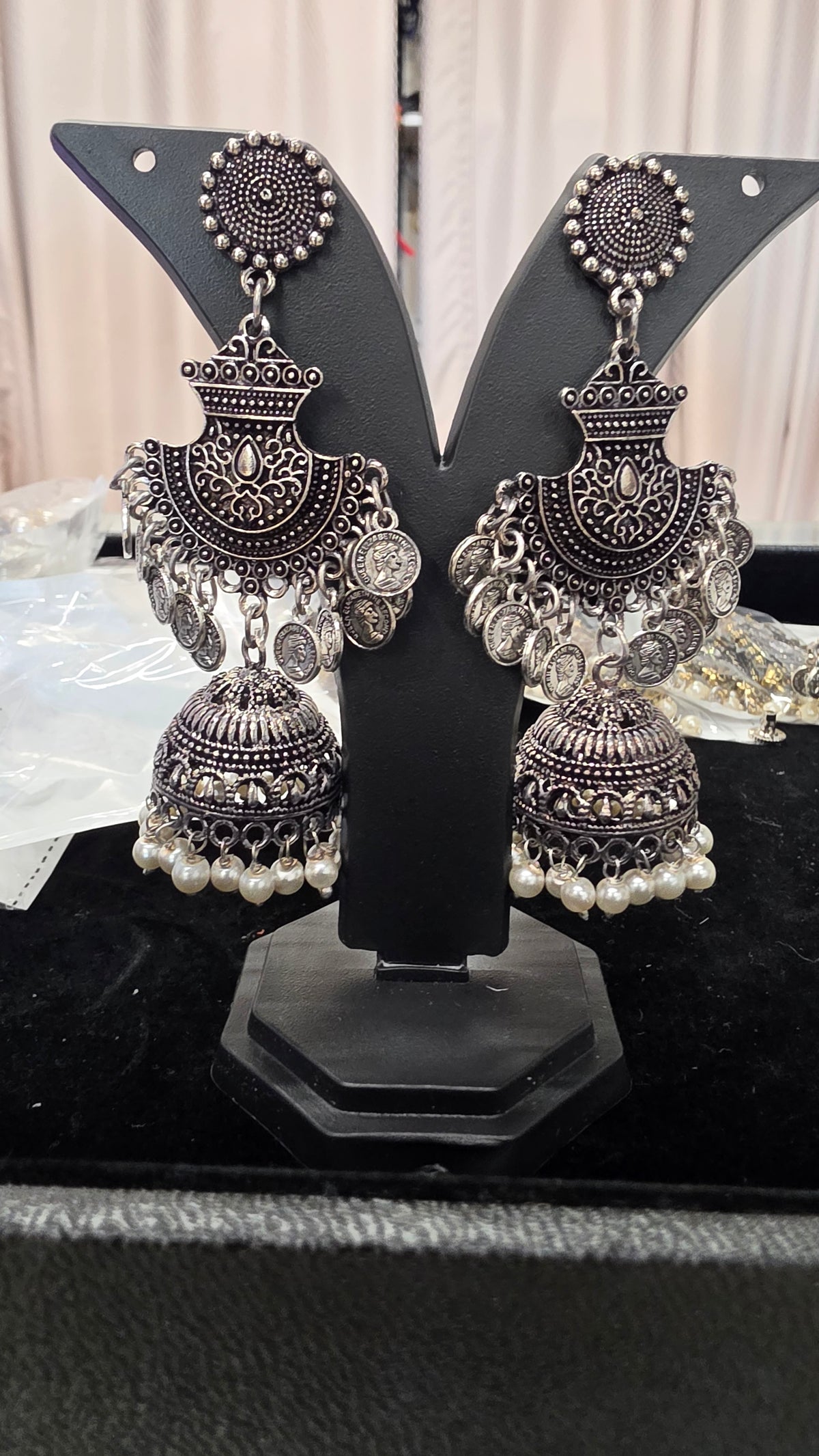 Oxodised long Earring with jumka with white pearl