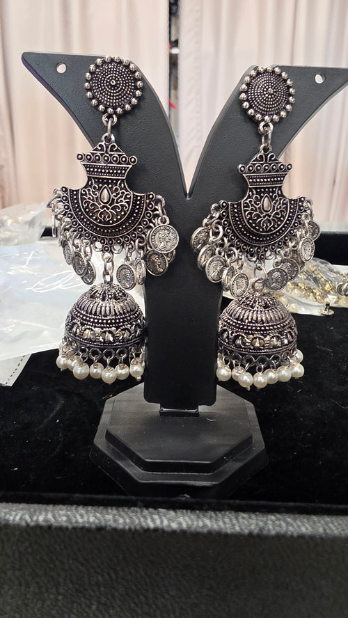 Oxodised long Earring with jumka with white pearl